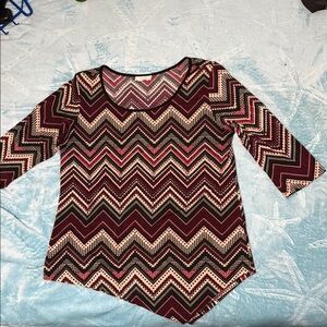 Red and Brown Asymmetrical 3/4 Sleeve Blouse